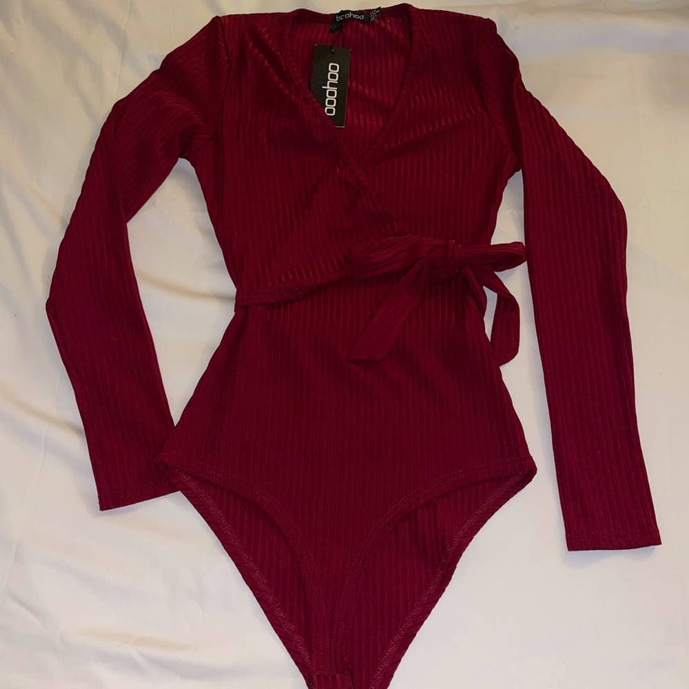 Red Bodysuit Wrap Front Long Sleeve